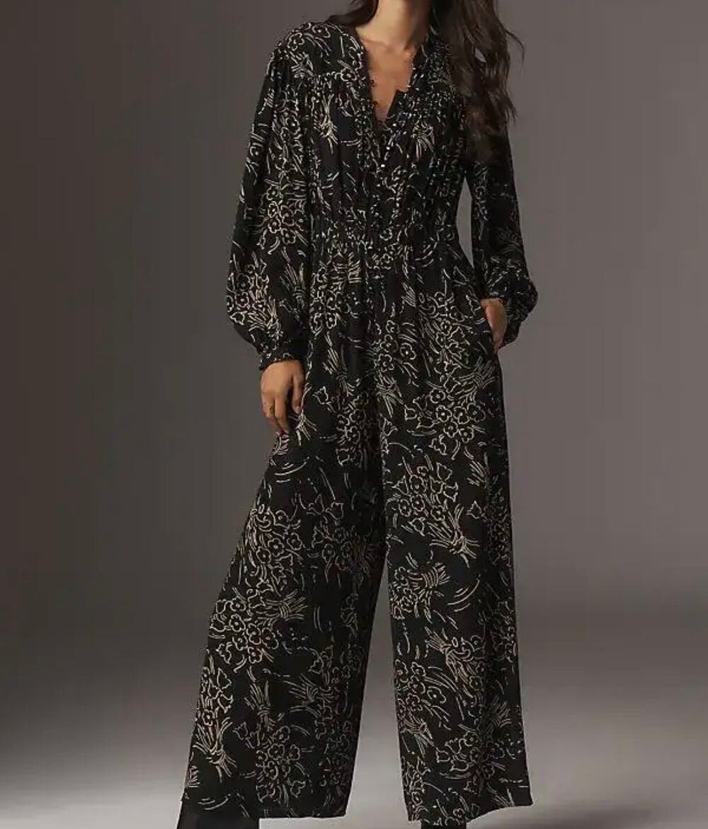 Plenty Tracy Reese Anthropolgie Blouse Jumpsuit Sz S Black Printed Wide Leg